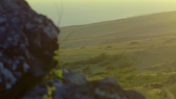 Egy Sziklás Hawaii Táj Mögül Lőtték Ami Napnyugtakor Zöld Dombokat — Stock videók