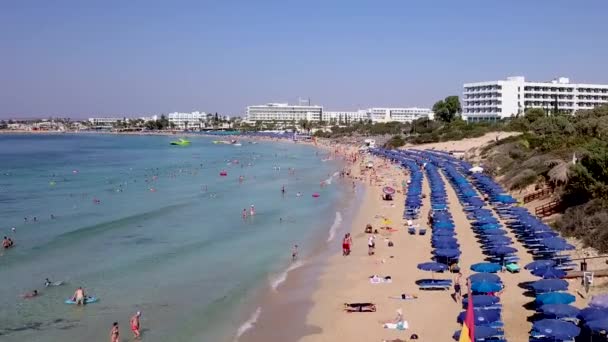 Aerial View Holiday Resort Sandy Beach Beach Umbrellas Sun Beds — ストック動画