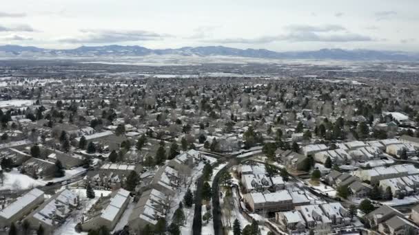 Drone Flies Snowy Neighborhood — Stockvideo