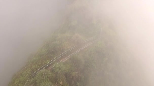 Haiku Stairs Traverse Steep Ridge Section Cloud — Stock video