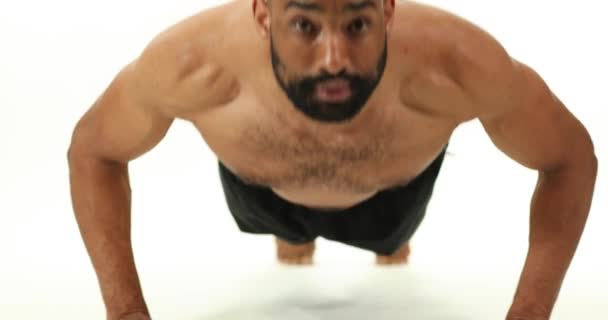 Strong Fit Athletic African American Man Doing Pushups Front White — Stock videók