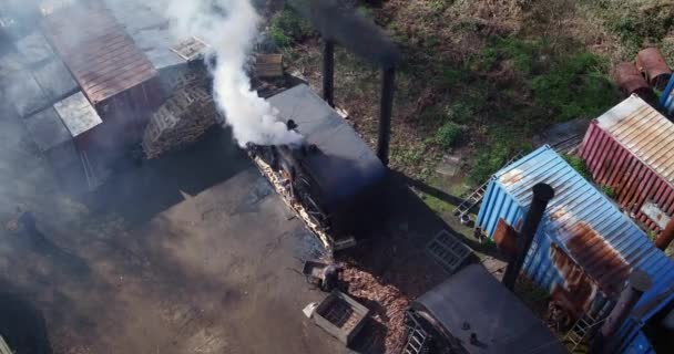 Aerial View Unrecognizable Woodsmen Loading Retort Charcoal Production — Vídeo de Stock