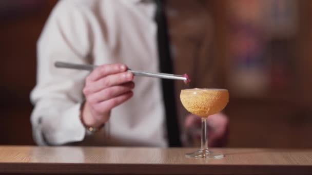 Close Alcoholic Cocktail Blurred Background Barmen Decorating Final Touch — Vídeo de Stock