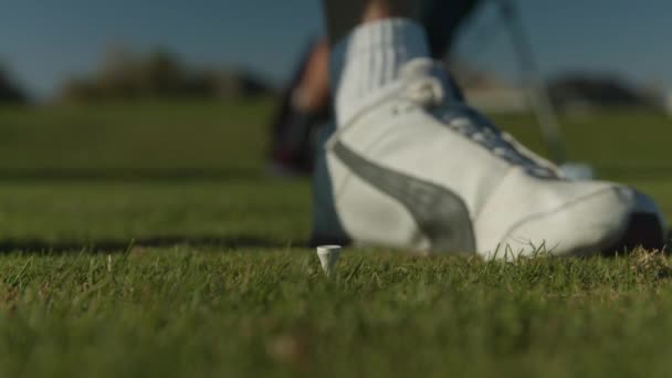 Een Golfer Trekt Een Tee Uit Grond Een Golfbaan — Stockvideo