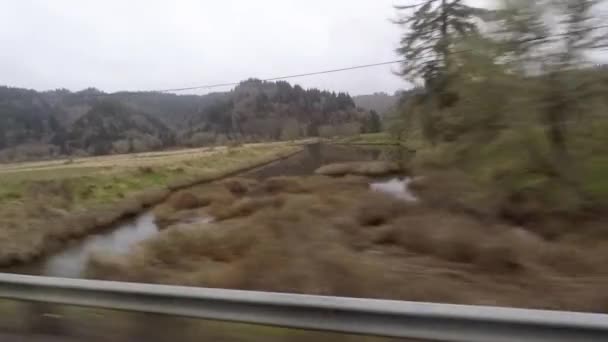 Conducând Lângă Râu Care Vine Din Munții Acoperiți Copaci Din — Videoclip de stoc