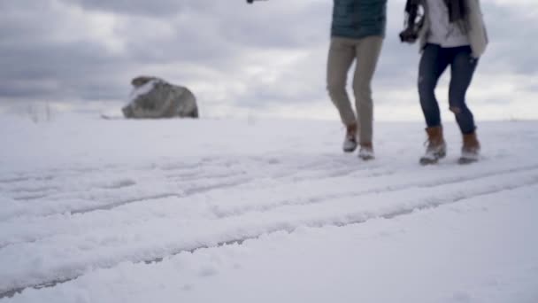 Pareja Joven Divirtiéndose Deslizándose Nieve Sobre Hielo — Vídeo de stock