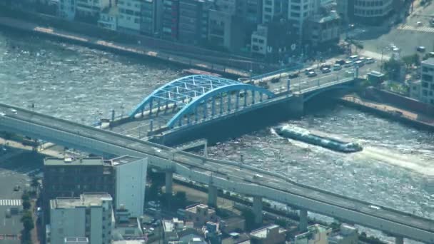 Время Вид Воздуха Реку Токио Паромную Переправу Мостом Башни Skytree — стоковое видео