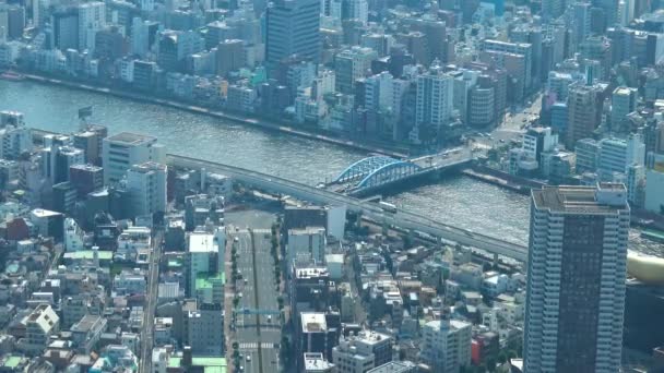 Flygfoto Över Tokyo Floden Och Bro Från Skytree Tower — Stockvideo