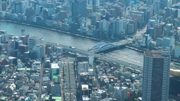 Timelapse Flygfoto Över Tokyo Floden Och Bro Från Skytree Tower — Stockvideo