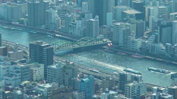 Luchtfoto Van Tokio Rivier Veerboot Oversteek Onder Brug Van Skytree — Stockvideo