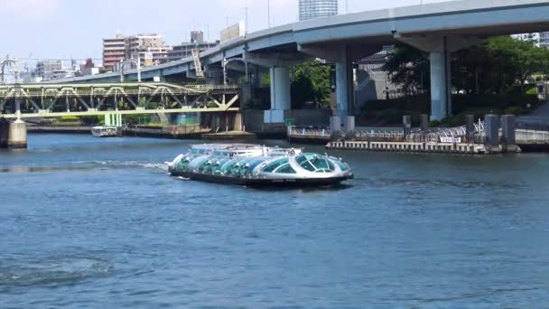 Touristenboot Auf Dem Fluss Asakusa Tokio Japan — Stockvideo