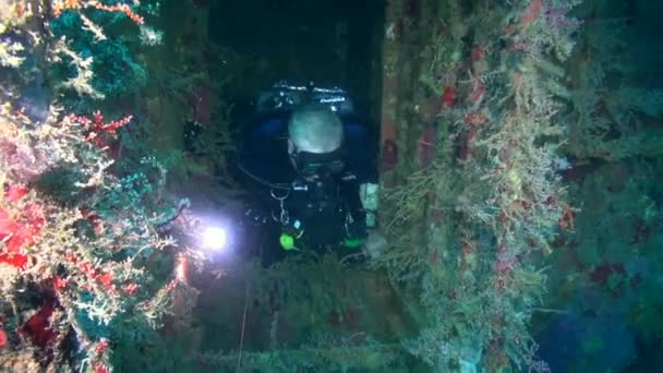 潜水员在深入机舱后从残骸中逃生 — 图库视频影像