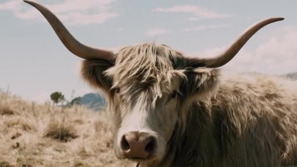 Vaca Highlander Com Chifres Grandes — Vídeo de Stock