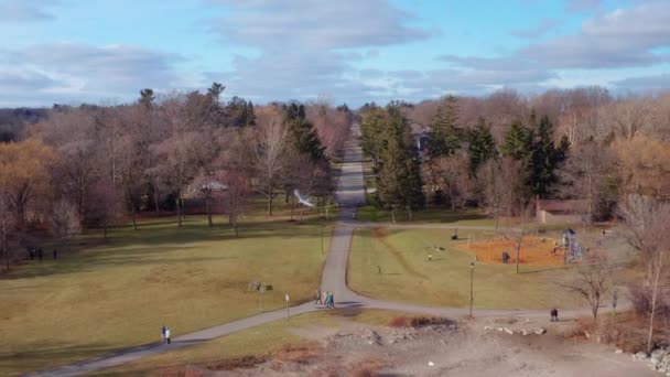 Drone Widok Park Nad Jeziorem Drogi Znika Oddali Ciągnąc Powrotem — Wideo stockowe
