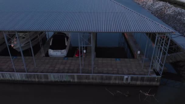 Imagini Drone Aeriene Fața Panoului Andocare Barcii Stânga Apusul Soarelui — Videoclip de stoc
