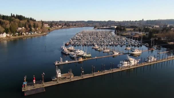 Volando Sobre Puerto Deportivo Atardecer Olympia Washington Puget Sound — Vídeos de Stock