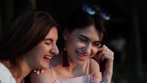 两位年轻时尚女性在网上浏览 在黄金时代微笑的角度形象 — 图库视频影像