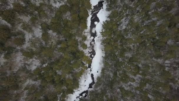 Top Aerial Shot Drone Going Snowy River Winter — Stock Video