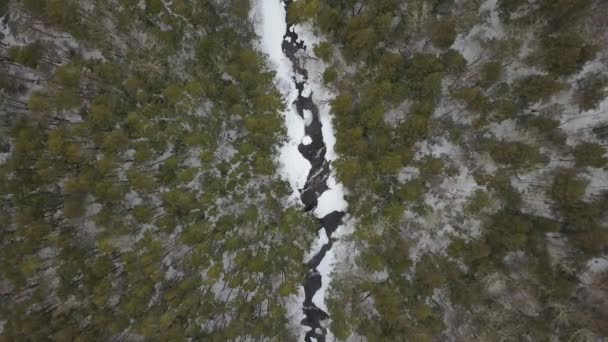 Top Drone Shot Moving Snowy River Winter — Stock Video