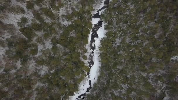 Dron Letící Vysoko Nad Zasněženou Horskou Řekou Zimě — Stock video