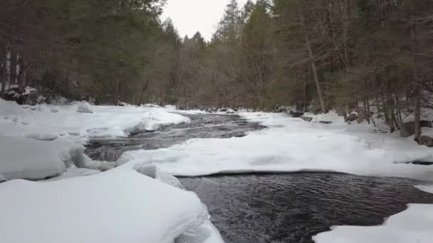 Drohnenschuss Fliegt Winter Tief Über Verschneiten Stromschnellen — Stockvideo