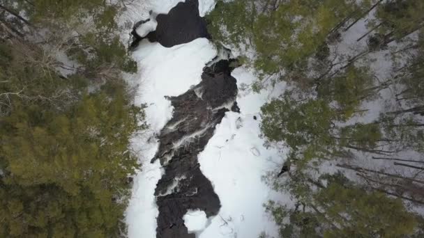 Top Drone Shot Snowy River Rapids Winter — Stock Video