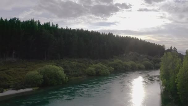 ニュージーランドの南島で早朝に自然の間を流れる美しい川の空中 — ストック動画