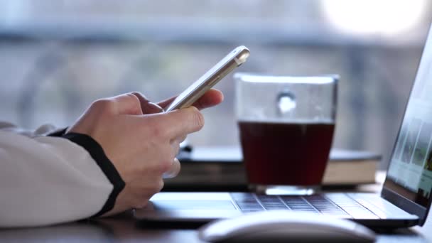 Woman Hands Holding Smartphone Scrolling Pointing Selecting Something Person Sits — Stock Video