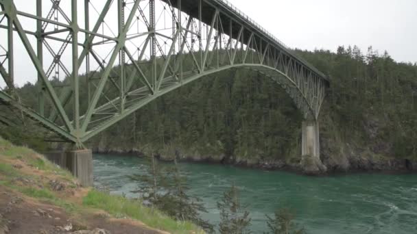 以下の流れの速い緑の水の流れと欺きパス橋 — ストック動画