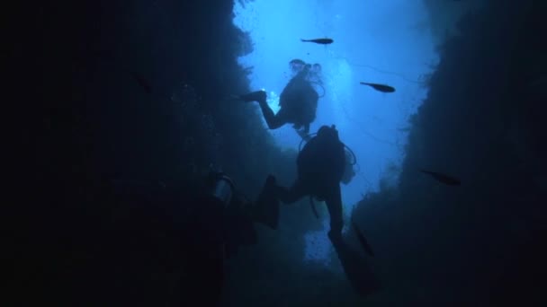 Filmes Câmera Dentro Uma Caverna Submersa Onde Mergulhadores Estão Mergulhando — Vídeo de Stock