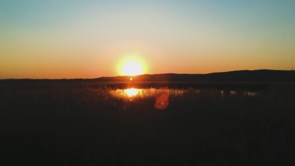 ハンガリーのヴェレンス湖の近くで日没の瞬間を捉え 前方の動きで水上ドローンのビューを閉じます — ストック動画