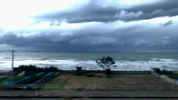 Cultivos Frente Costa Fondo Mar Cielo Puesta Sol Movimiento Alta — Vídeo de stock