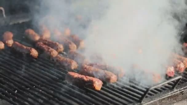 Baking Some Crude Meats Heavily Fuming Glowing Grid Besprinkle Them — Stock Video