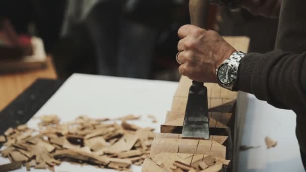 Ein Mann Der Etwas Über Holzschnitt Lernen — Stockvideo