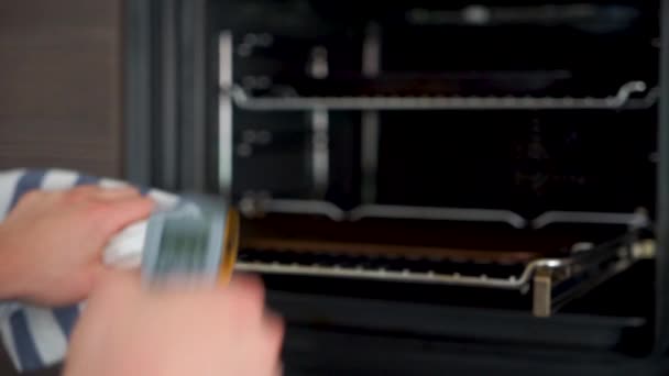 Young Aspiring Chef Checking Temperature Pizza Bread Steel Oven Infrared — Video Stock