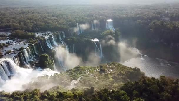 Luchtfoto Van Iguazu Watervallen Brazilië Argentinië Prachtige Drone View Vliegbaan — Stockvideo