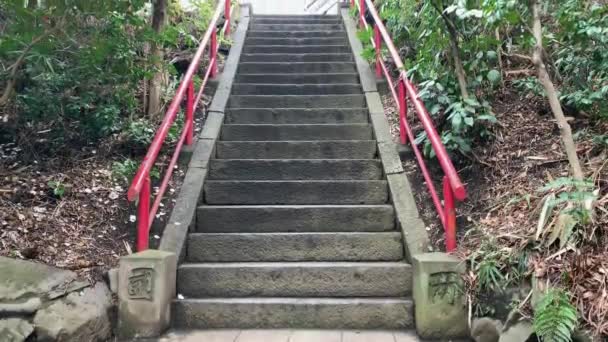 Asijské Kamenné Schodiště Červenými Zábradlím Parku Inokashira Kamera Nakloní Úhel — Stock video