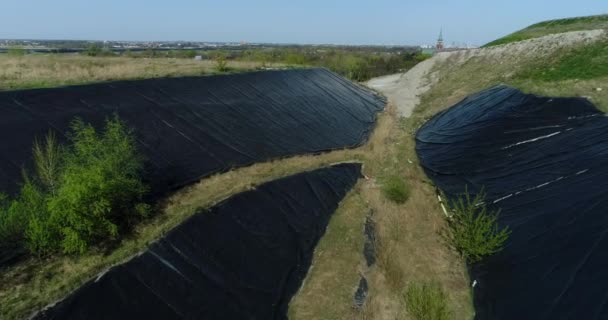 Drone View Sides Garbage Dump Hill Covered Protective Film — Stock Video