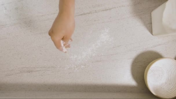 Plano Arriba Hacia Abajo Young Male Chef Forming Sourdough Dough — Vídeos de Stock