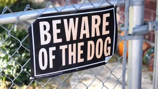 Generic Beware Dog Sign Chainlink Fence Brown White Dog Mini — Stock Video