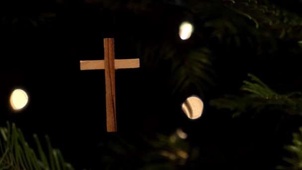 Plan Panoramique Une Petite Croix Bois Accrochée Sapin Noël — Video