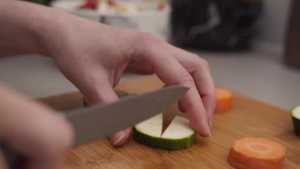 Female Hands Chopping Aubergine Woman Hands Cutting Eggplant Vegan Vegetarian — Vídeo de Stock