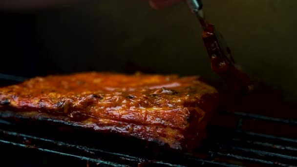 Slow Motion Shot Slow Cooked Pork Belly Being Cooked Barbecue — ストック動画