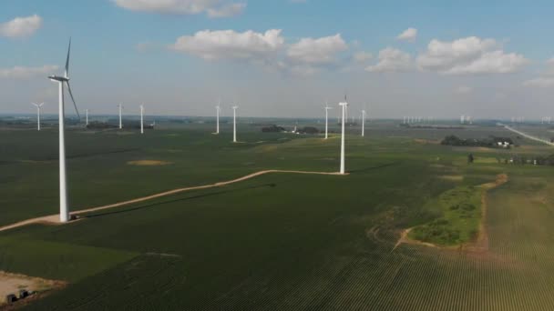 Flying Service Roads Corn Fields Wind Generator Farm Iowa — Vídeo de Stock