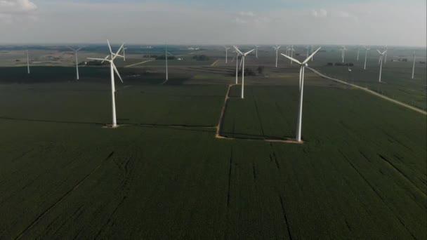 Flying High Green Field Soybeans Wind Turbine Farm Iowa — Vídeo de stock