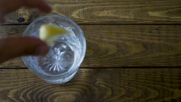 Male Bartender Serving Alcoholic Drink Dropping Lemon Glass Male Customer — Vídeo de stock