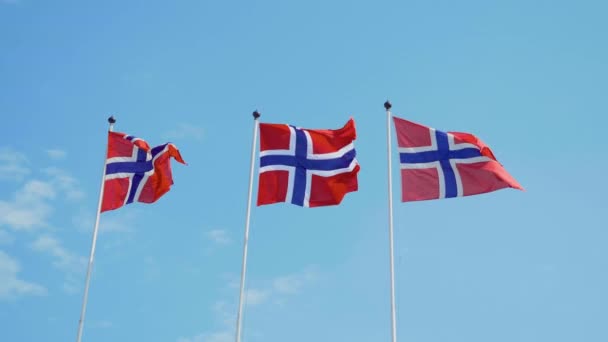 Three Norwegian Flags Fluttering Wind Slowmotion Blue Sky Background — стокове відео