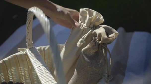 Girl Preparing Picnic Girl Spreads Litter Blanket Puts Basket Groceries — Vídeos de Stock