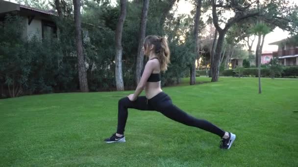 Girl Goes Sports Yoga Stretches Does Gymnastics Morning Exercises Girl — Wideo stockowe