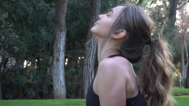 Girl Goes Sports Yoga Stretches Does Gymnastics Morning Exercises Girl — Vídeo de stock